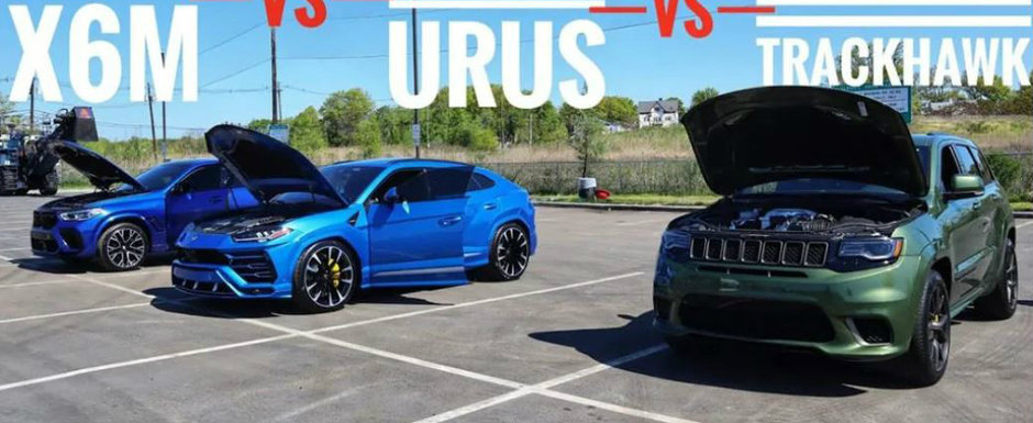 Acu-i acu. Jeep Trackhawk vs Lamborghini Urus vs BMW X6 M este liniuta pe care nu vrei sa o pierzi