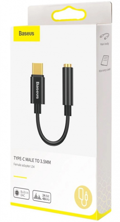 Adaptor Pentru Căști Baseus L54 USB-C La Mufă Audio Jack 3,5mm DAC 24 Biți 48KHz Negru CATL54-01