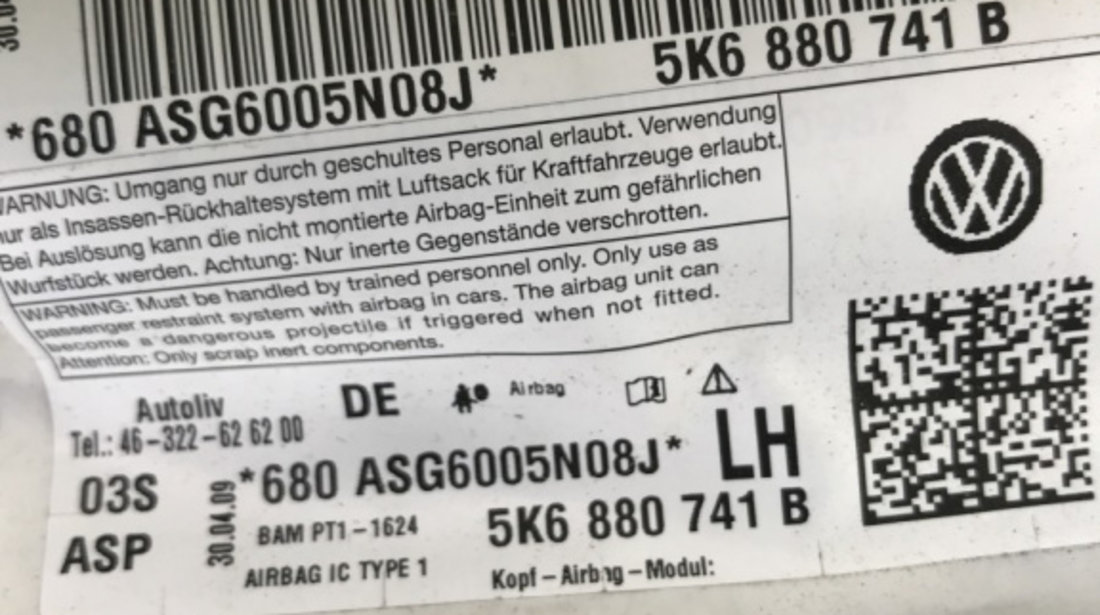 Airbag cortina stanga Volkswagen Golf 6 HB, 1.6 TDI Manual, 105hp sedan 2010 (5K6880741B)