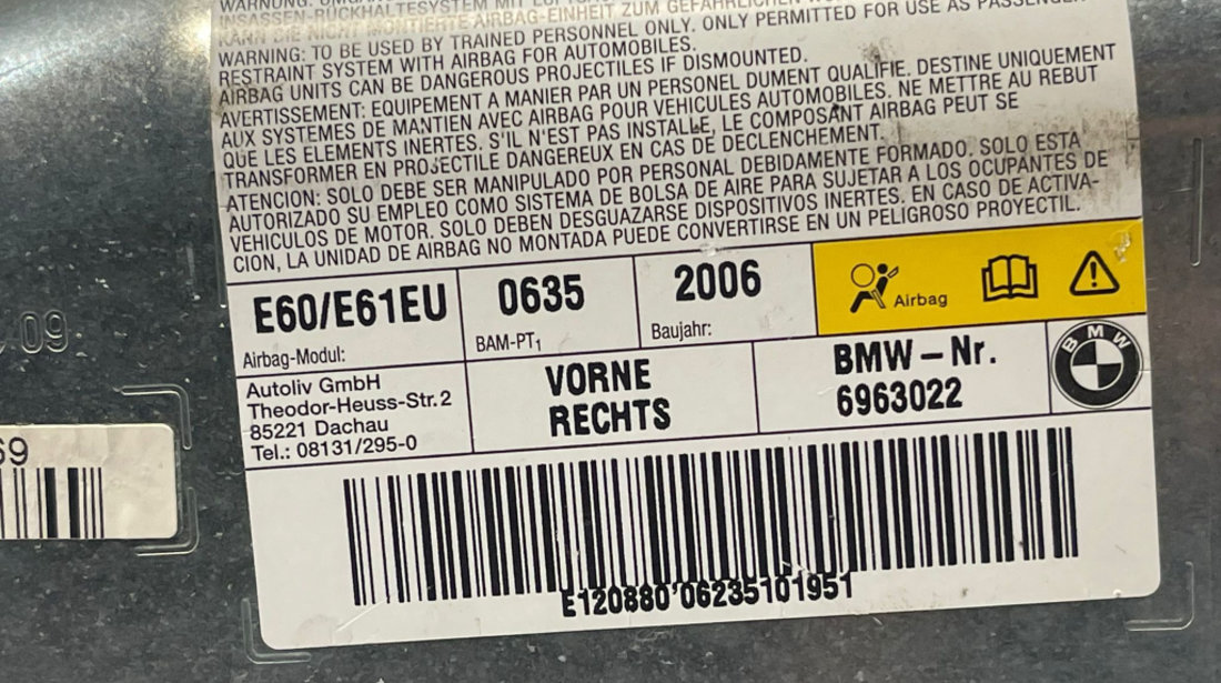 Airbag Lateral de pe Usa Portiera Dreapta Fata BMW Seria 5 E60 E61 2003 - 2010 Cod 6963022 [1733]