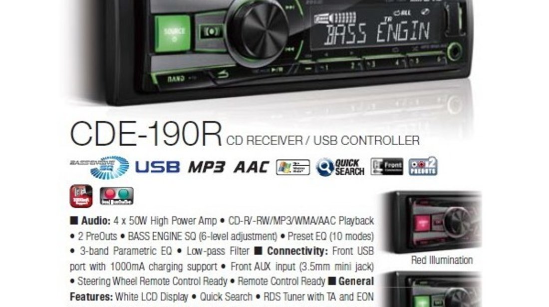 ALPINE CDE-190R RADIO-CD MP3 Player Auto Cu USB AUX Leduri Rosii / Verzi Montaj In Toata Tara