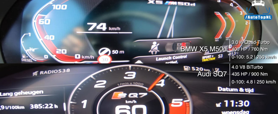 Ambele au motor DIESEL, dar numai unul are 4 turbine. Test de acceleratie cu BMW X5 M50d si Audi SQ7 Ambele au motor DIESEL, dar numai unul are 4 turbine. Test de acceleratie cu BMW X5 M50d si Audi SQ7