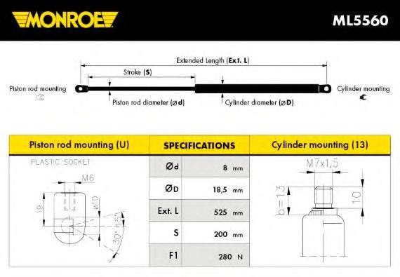 Amortizor capota MERCEDES C-CLASS (W203) (2000 - 2007) MONROE ML5560 piesa NOUA