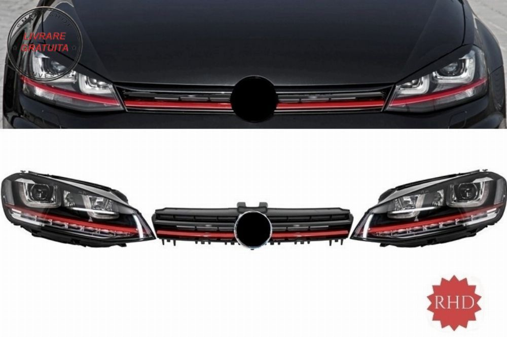 Ansamblu Faruri 3D Semnal Dinamic LED cu Grila VW Golf 7 VII (2012-2017) R20 GTI D- livrare gratuita