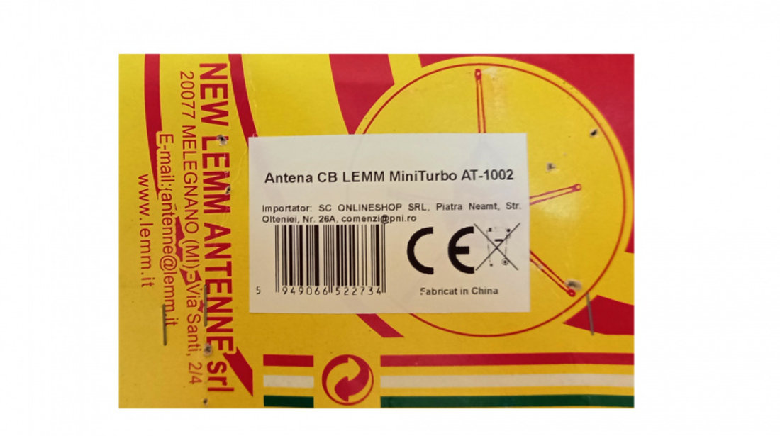 Antena CB LEMM MiniTurbo AT-1002, lungime 110 cm, castig 2dB, 26.5-27.5Mhz, 200W, cablu RG58 4m, fabricata in Italia PNI-AT-1002