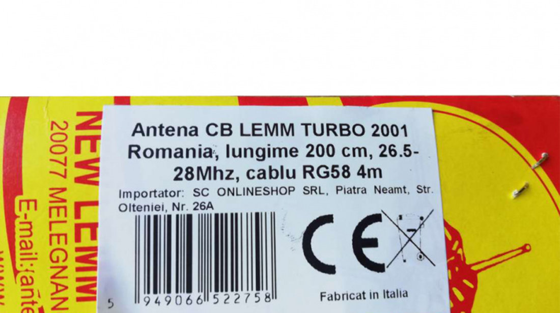 Antena CB LEMM TURBO 2001 Romania, lungime 200 cm, castig 6.5dB, 26.5-28Mhz, 2000W, cablu RG58 4m, fabricata in Italia PNI-AT-2001R