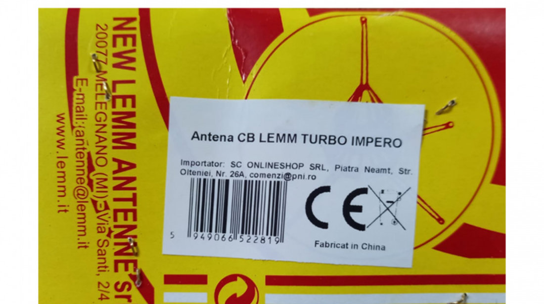 Antena CB LEMM TURBO IMPERO, alb, lungime 200 cm, castig 7dB, 26.5-28Mhz, 2500W, cablu RG58 4m, fabricata in Italia PNI-AT-661