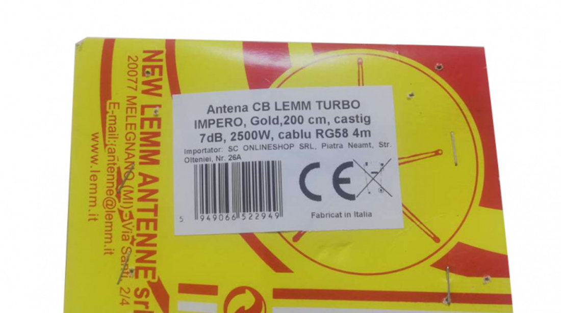 Antena CB LEMM TURBO IMPERO, Gold, lungime 200 cm, castig 7dB, 26.5-28Mhz, 2500W, cablu RG58 4m, fabricata in Italia PNI-AT-661-G