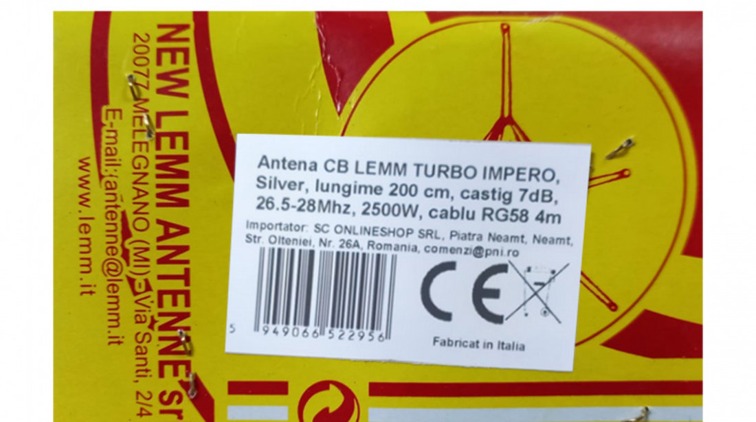 Antena CB LEMM TURBO IMPERO, Silver, lungime 200 cm, castig 7dB, 26.5-28Mhz, 2500W, cablu RG58 4m, fabricata in Italia PNI-AT-661-S