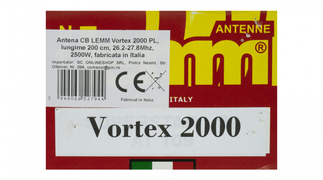 Antena CB LEMM Vortex 2000 PL, 200 cm, 26.5-27.5Mhz, 1500W, fara cablu, fabricata in Italia PNI-AT-2000