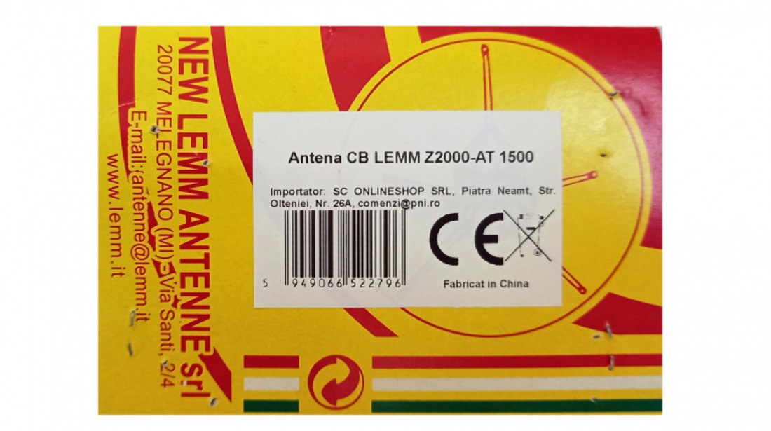 Antena CB LEMM Z2000-AT 1500, Lungime 167 cm, Castig 3dB, 26.5-28.0 MHz, 300W, Cablu RG58 4 m, Fabricata In Italia PNI-AT-1500
