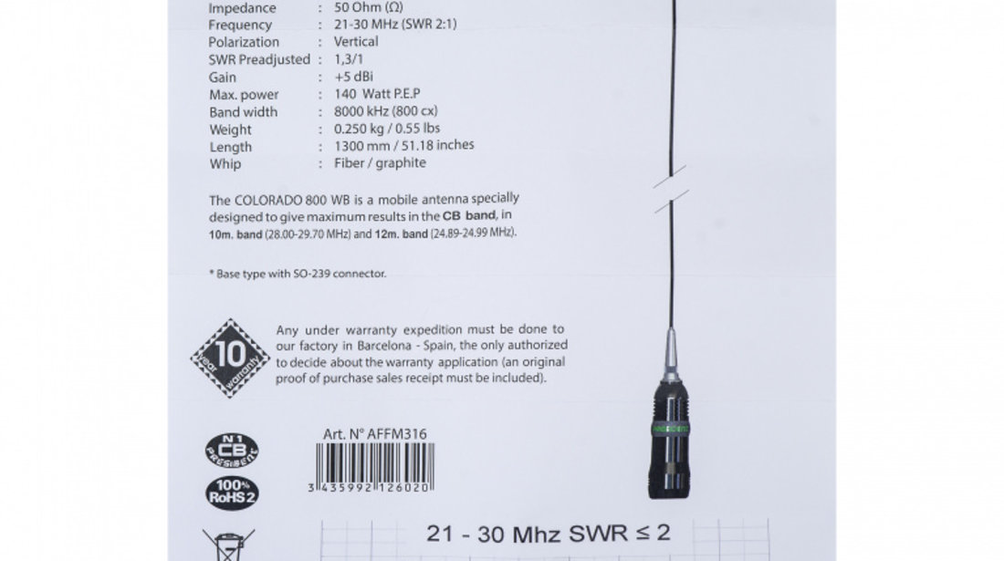 Antena CB President Colorado 800 WB, 21-30MHz, Castig +5dB, 130cm PNI-AMMI914