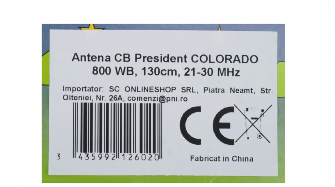Antena CB President Colorado 800 WB, 21-30MHz, Castig +5dB, 130cm PNI-AMMI914