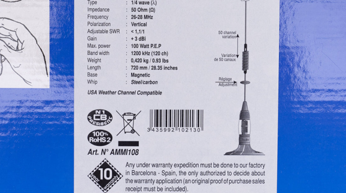 Antena CB President Missouri Up, 72 cm, 26-28 MHz, magnet 125 mm inclus AMMI108