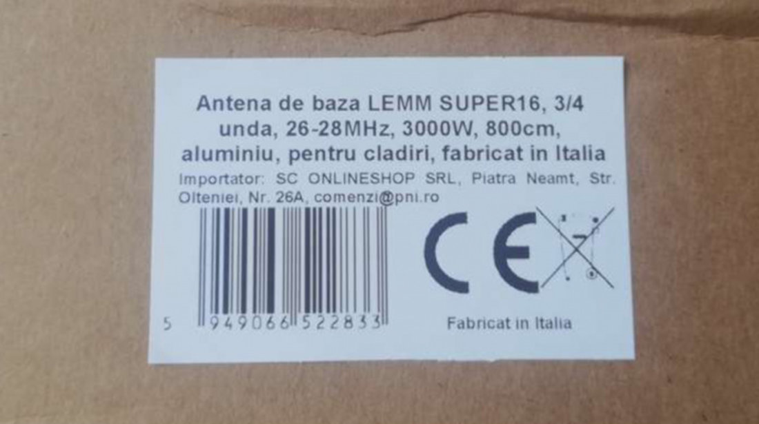 Antena de baza LEMM SUPER16, 3/4 unda, 26-28MHz, 3000W, 800cm, aluminiu, pentru cladiri, fabricat in Italia PNI-AT-107