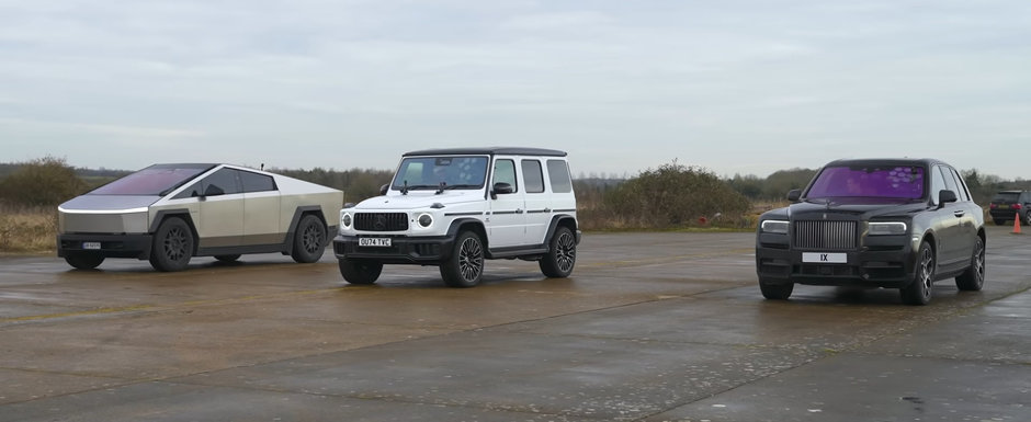 ASTA e cursa pe care nu stiai ca vrei sa o vezi. LINIUTA cu noua Tesla Cybertruck, Mercedes-AMG G 63 si Rolls-Royce Cullinan ASTA e cursa pe care nu stiai ca vrei sa o vezi. LINIUTA cu noua Tesla Cybertruck, Mercedes-AMG G 63 si Rolls-Royce Cullinan