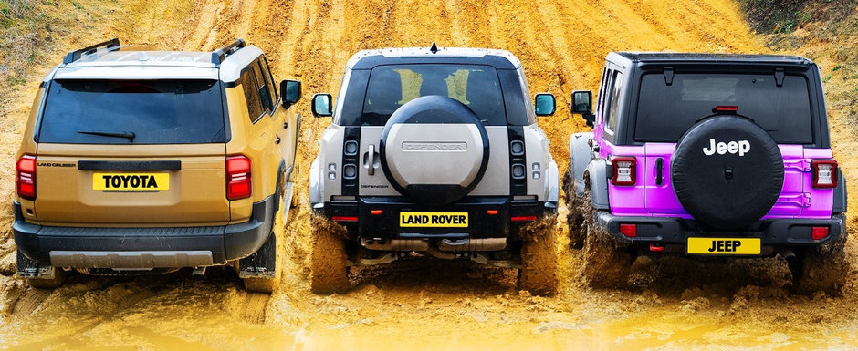 Asta e momentul asteptat de toata lumea. Test in off-road cu noua Toyota Land Cruiser, Land Rover Defender si Jeep Wrangler Rubicon Asta e momentul asteptat de toata lumea. Test in off-road cu noua Toyota Land Cruiser, Land Rover Defender si Jeep Wrangler Rubicon