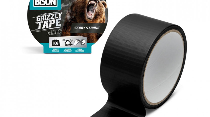 Bandă adezivă întărită cu material BISON Grizzly Super Strong - Neagră - 10 m B14096