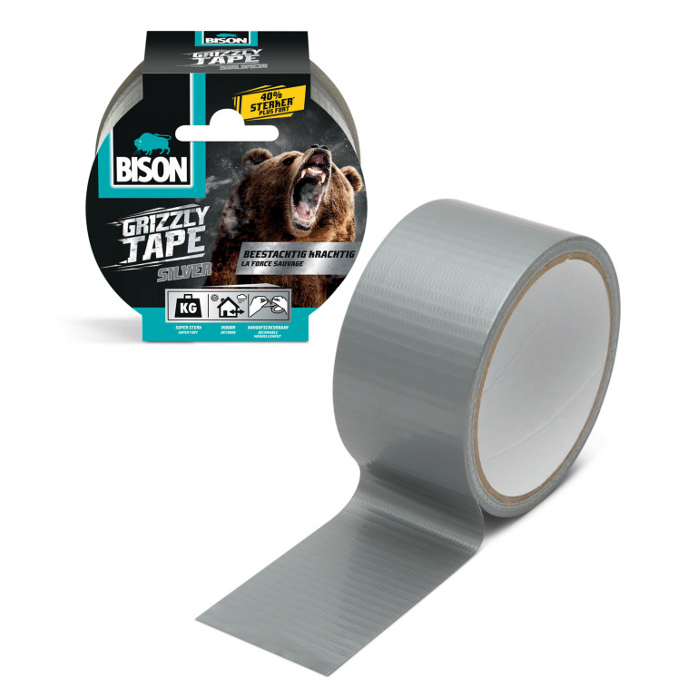 Bandă adezivă întărită cu material BISON Grizzly Super Strong - gri - 10 m B12497