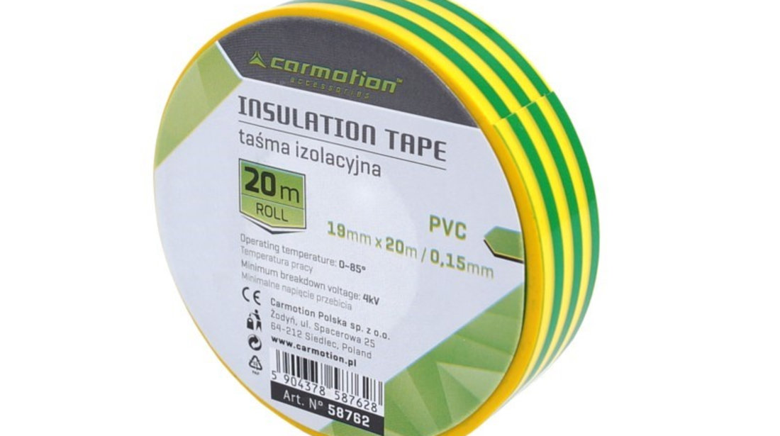 Bandă Izolatoare Pvc 0,15 Mm X 19 Mm X 20 M Verde-galben, 1 Buc Carmotion 58762