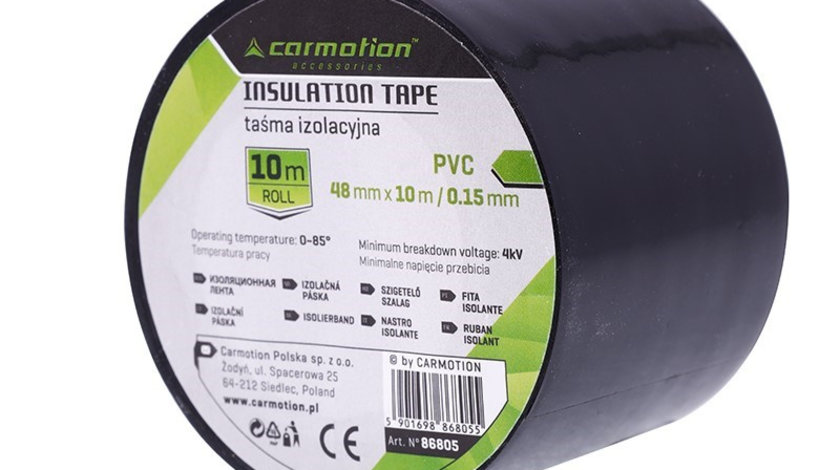 Bandă Izolatoare Pvc 0,15 Mm X 48 Mm X 10 M, Neagră, 1 Buc. Carmotion 86805