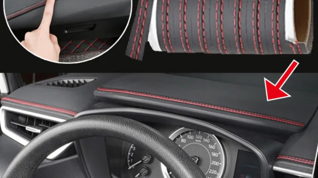 Banda decorativa pentru interiorul vehiculului, lungime 2m, din piele ecologica, culoare Neagra + cusatura Rosie AVX-DA105