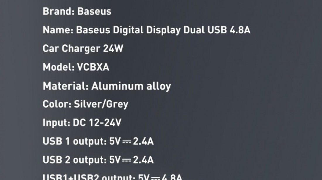 Baseus Digital Display Dual USB 4.8A Car Charger 24W + 3in1 USB - UBS Type C / Micro USB / Lightning 1,2m Cablu Negru (TZCCBX-0G)