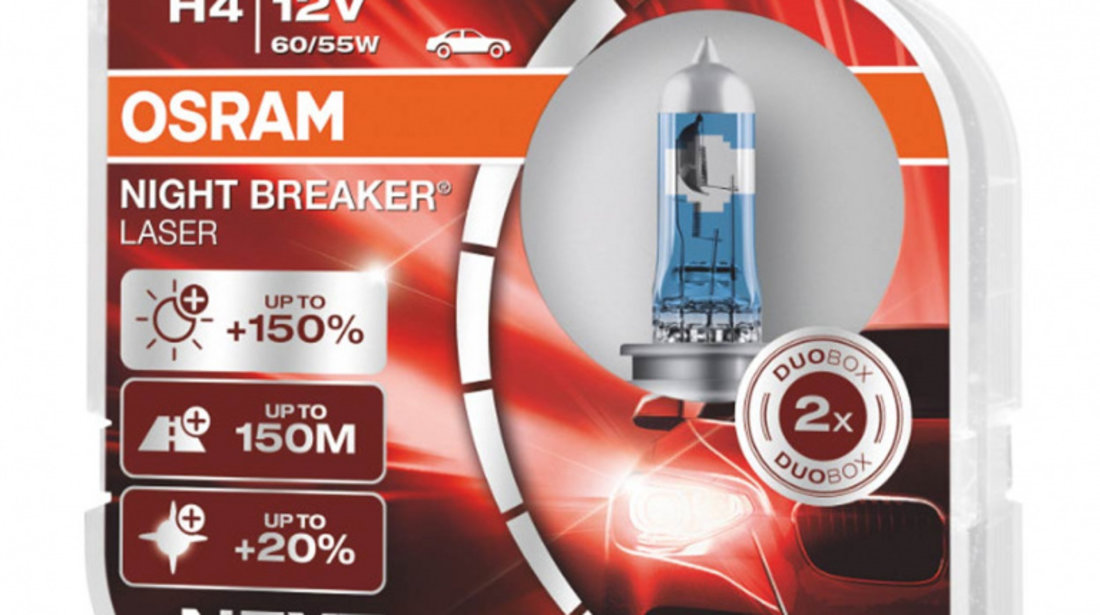 Bec Cu Halogen Osram H4 12v 60/55w P43t Night Breaker Laser +150%/2 Buc Amio O-64193NL-HCB