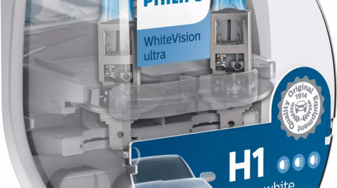 Bec Philips H1 12V 55W Whitevision Ultra P14,5S Set 2 Buc + 2 Buc W5W 12258WVUSM