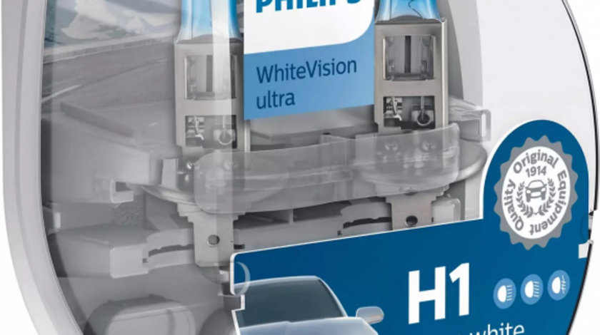Bec Philips H1 12V 55W Whitevision Ultra P14,5S Set 2 Buc + 2 Buc W5W 12258WVUSM