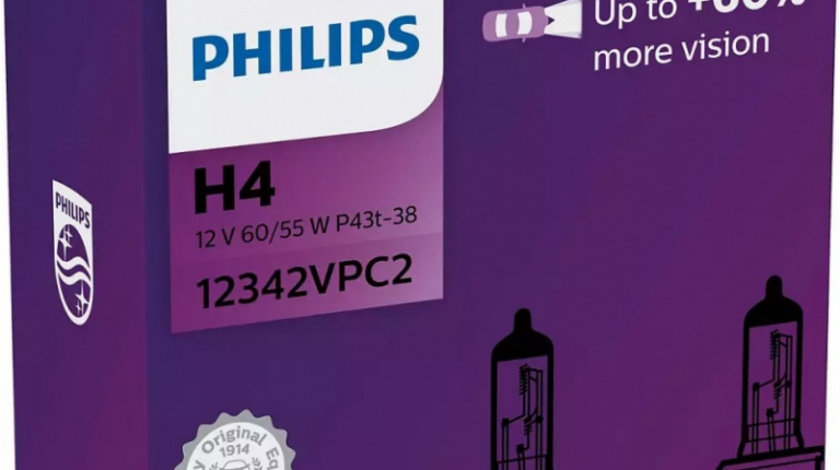 Bec Philips H4 P43T 12V 60/55W Visioplus Set 2 Buc 12342VPC2