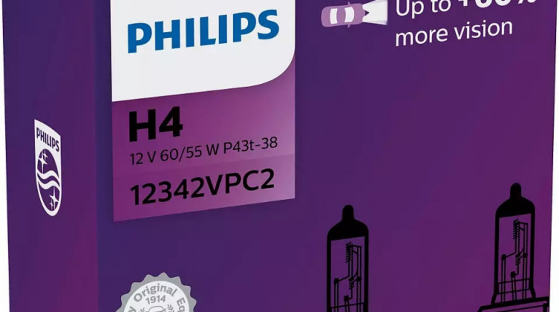 Bec Philips H4 P43T 12V 60/55W Visioplus Set 2 Buc 12342VPC2