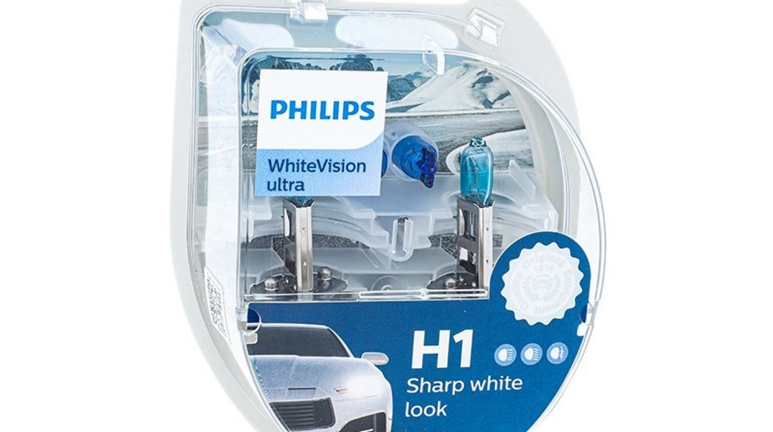 Becuri Philips H1 12v 55w P14,5s + W5w 12v 5w W21x9,5d Whitevision Ultra PH-00525