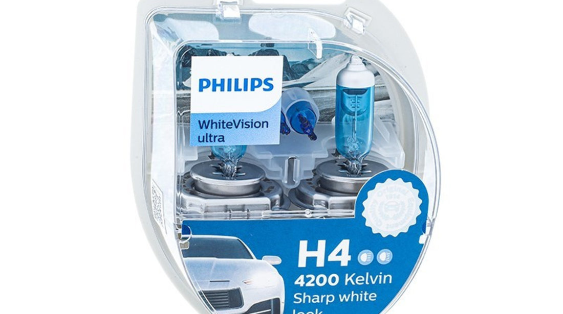 Becuri Philips H4 12v 60/55w P43t + W5w 12v W21x9,5d Whitevision Ultra 4200k PH-35490