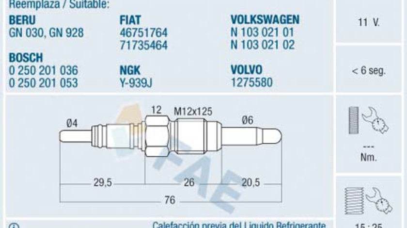 Bujie incandescenta (74148 FAE) AUDI,FIAT,SEAT,SKODA,VOLVO,VW