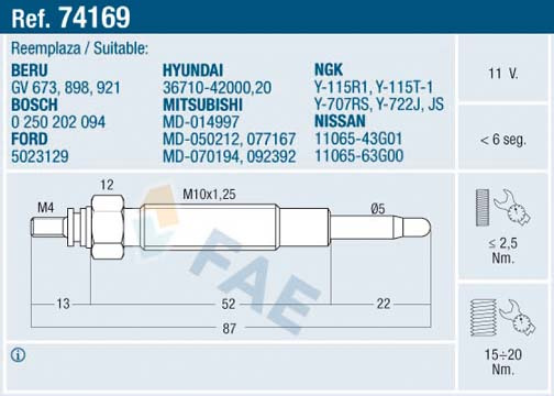 Bujie incandescenta (74169 FAE) HYUNDAI,MITSUBISHI,NISSAN