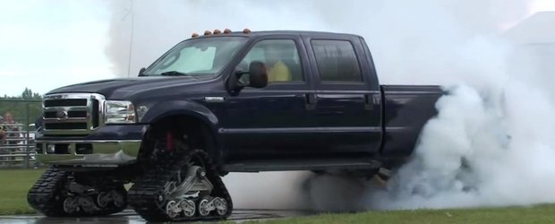 Burnout cu senile de zapada? Avem. Facute de un Ford F-350