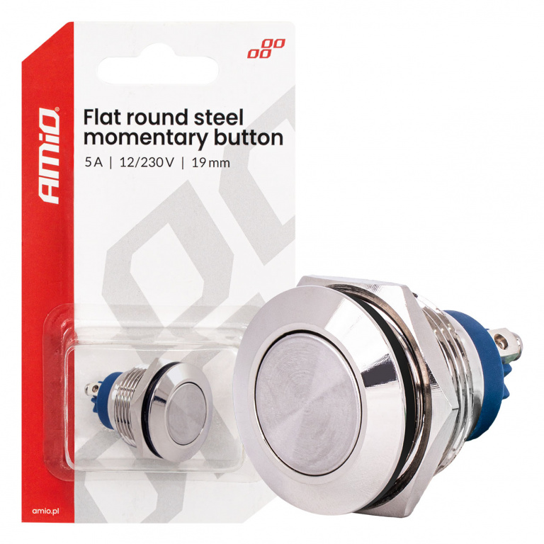 Buton Pornire Momentana Otel Plat Rotund Amio 19mm 5A 12/230V 04436