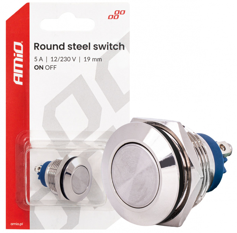 Buton Pornire Otel Plat Rotund On / Off Amio 19mm 5A 12/230V 04474