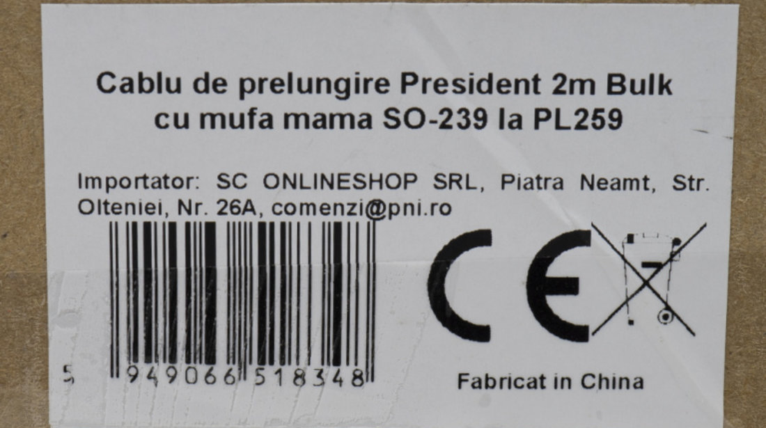 Cablu de prelungire President 2m Bulk cu mufa mama SO-239 la PL259 PNI-EXT-2MB