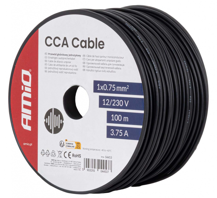 Cablu Electric Monofilar Amio Negru CCA 1x0.75mm2 100M 3.75A 12/230V 04453
