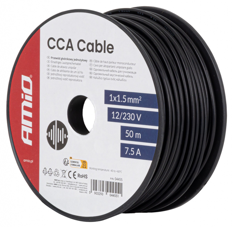Cablu Electric Monofilar Amio Negru CCA 1x1.5mm2 50M 7.5A 12/230V 04455