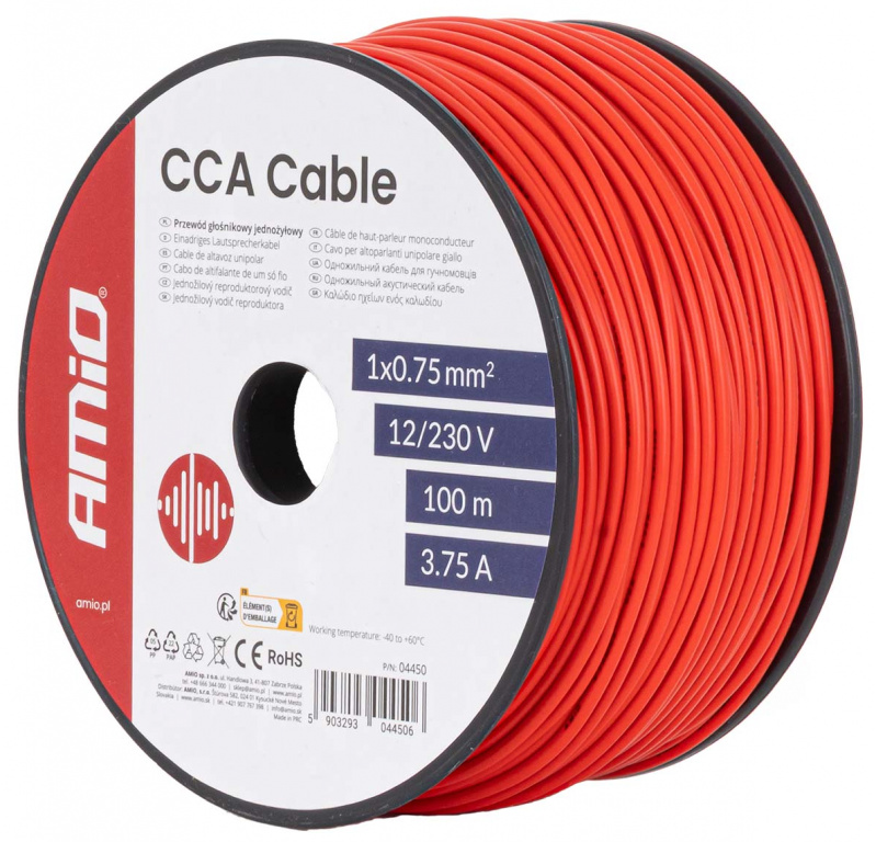 Cablu Electric Monofilar Amio Rosu CCA 1x0.75mm2 100M 3.75A 12/230V 04450