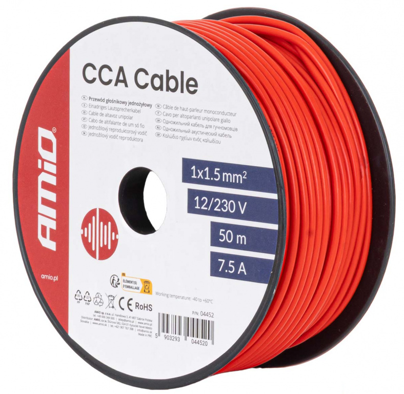 Cablu Electric Monofilar Amio Rosu CCA 1x1.5mm2 50M 7.5A 12/230V 04452