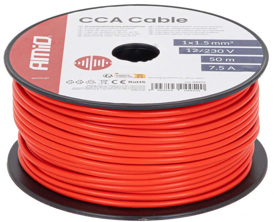 Cablu Electric Monofilar Amio Rosu CCA 1x1.5mm2 50M 7.5A 12/230V 04452