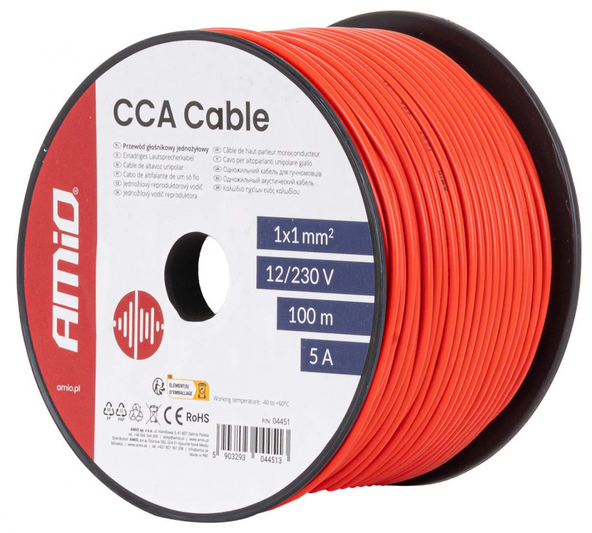 Cablu Electric Monofilar Amio Rosu CCA 1x1mm2 100M 5A 12/230V 04451