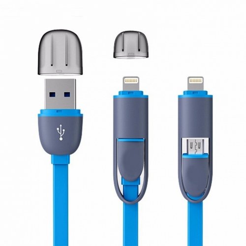 Cablu Usb 2 In 1 Microusb / Iphone Cu Capac Albastru