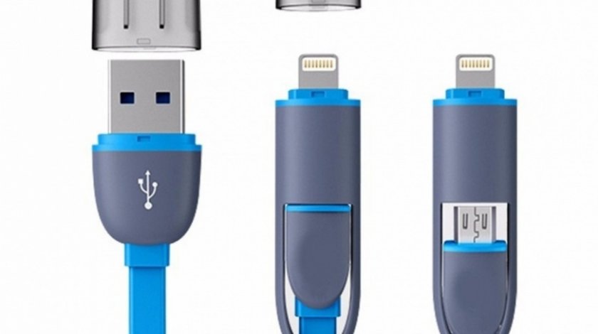 Cablu Usb 2 In 1 Microusb / Iphone Cu Capac Albastru