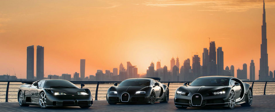 Cadre impresionante pe strazile din Dubai cu Sfanta Treime a francezilor de la Bugatti: EB110, Veyron si Chiron