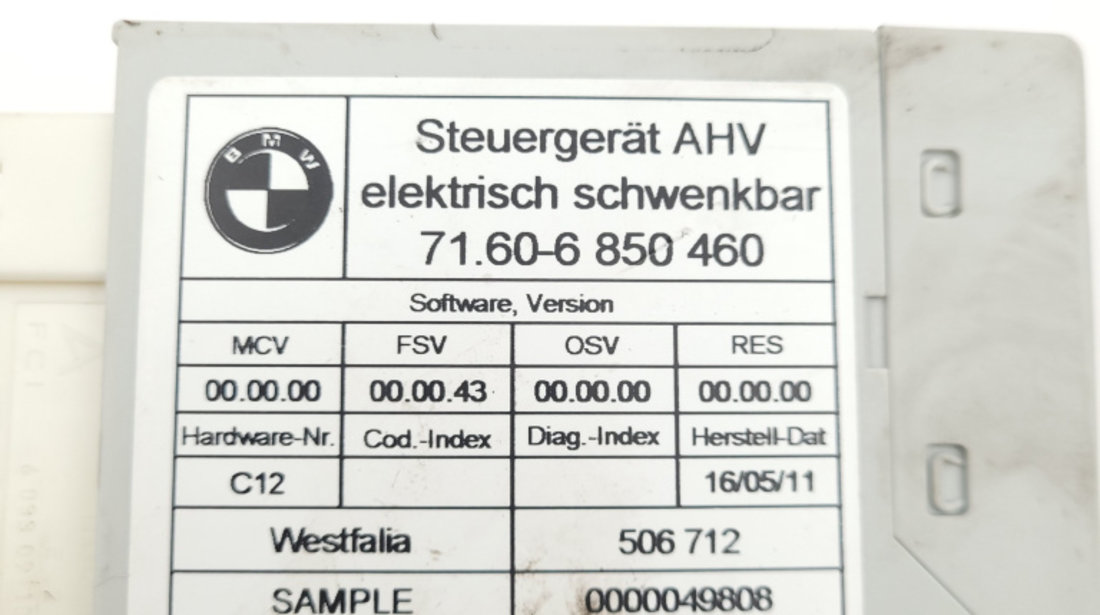 Calculator Modul Carlig Tractare BMW 5 (F10, F18, F07, F11) 2009 - Prezent 71606850460, 7160-6850460, 6850460